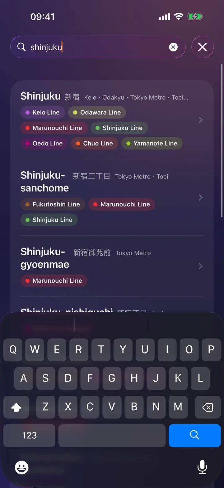Station search: results for Shinjuku with line colors.
